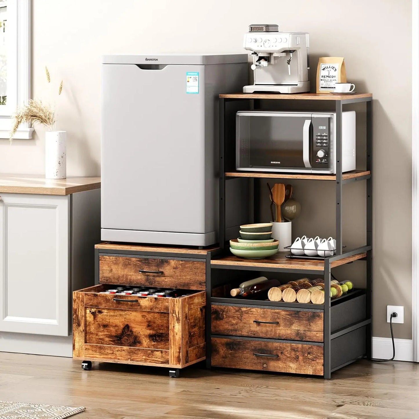 Mini Fridge Stand With Wine Rack And Power Outlet Movable