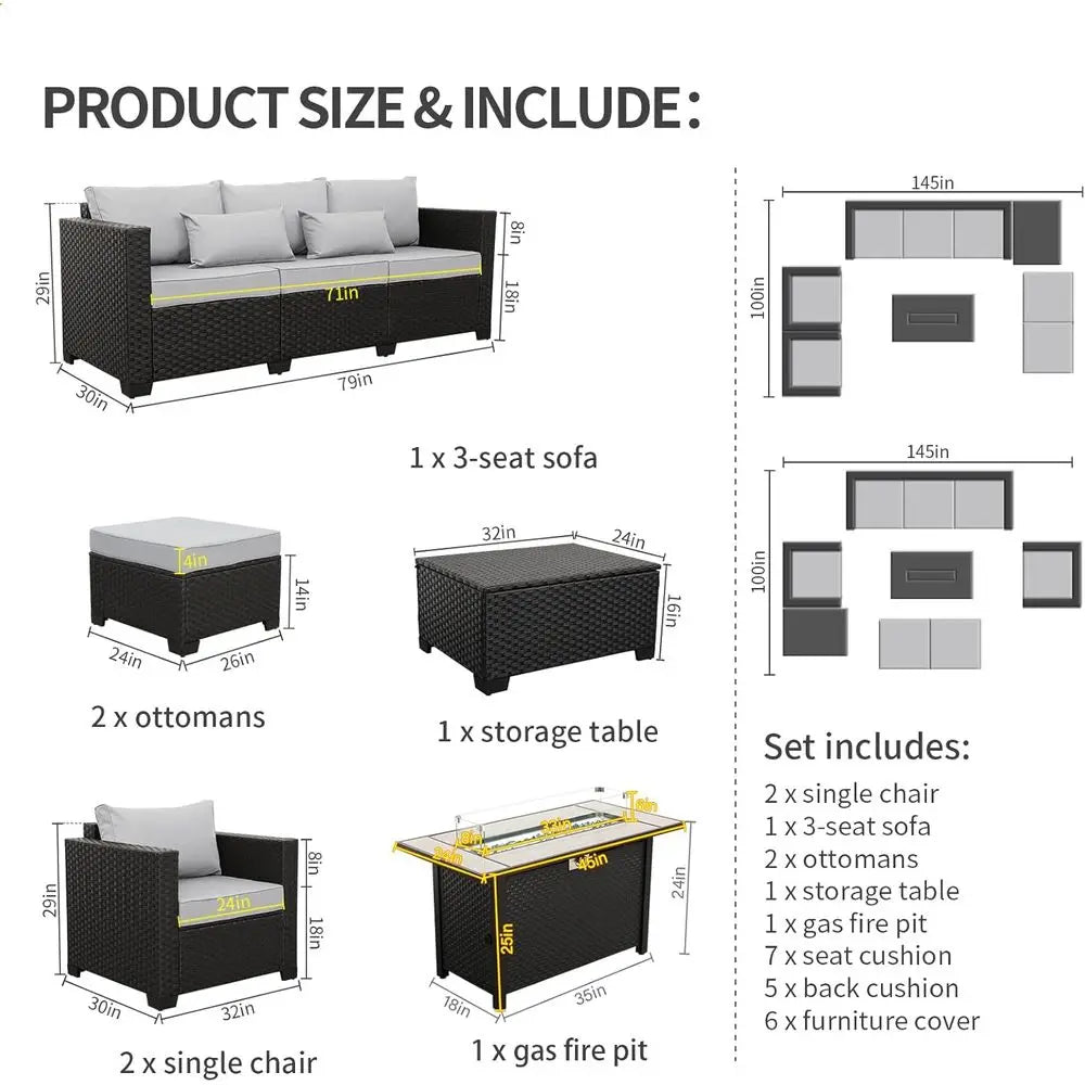 7-Piece Outdoor Patio Furniture Set With Propane Fire Pit Table
