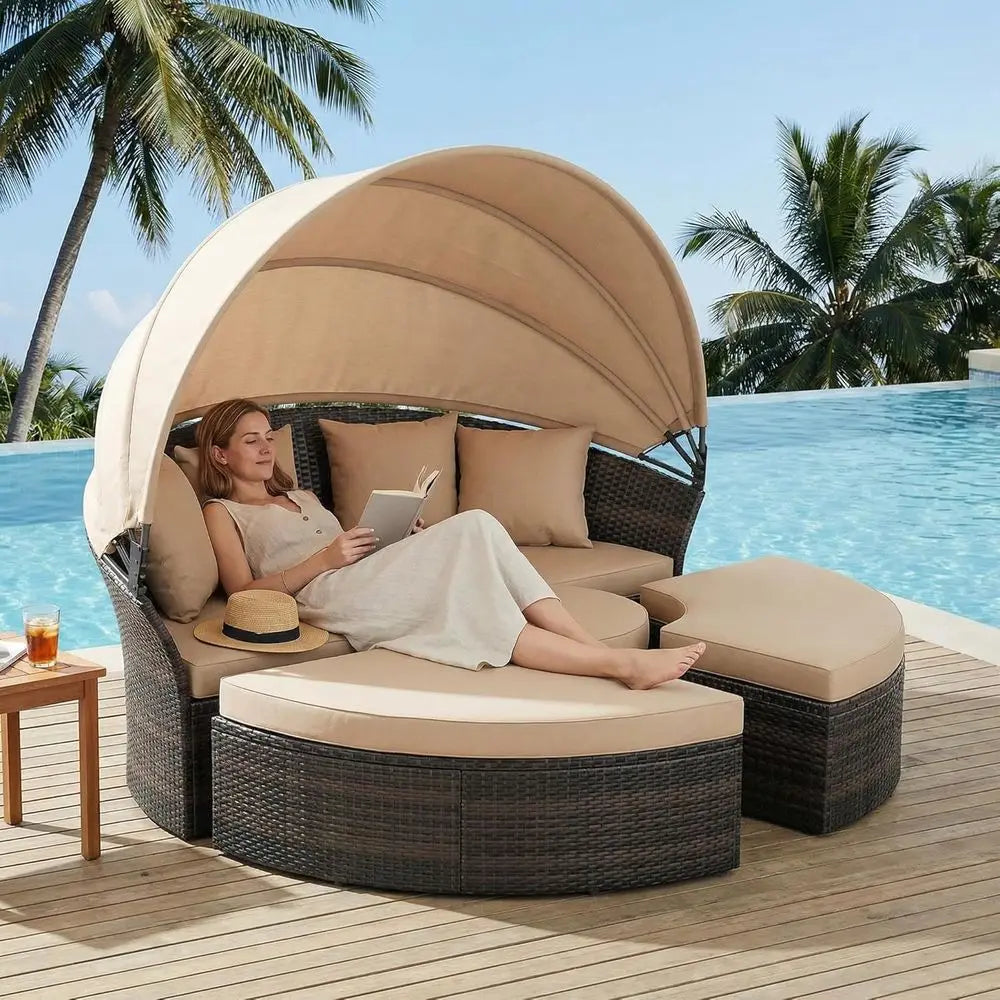 Outdoor Patio Daybed Set With Retractable Canopy Wicker Rattan Furniture