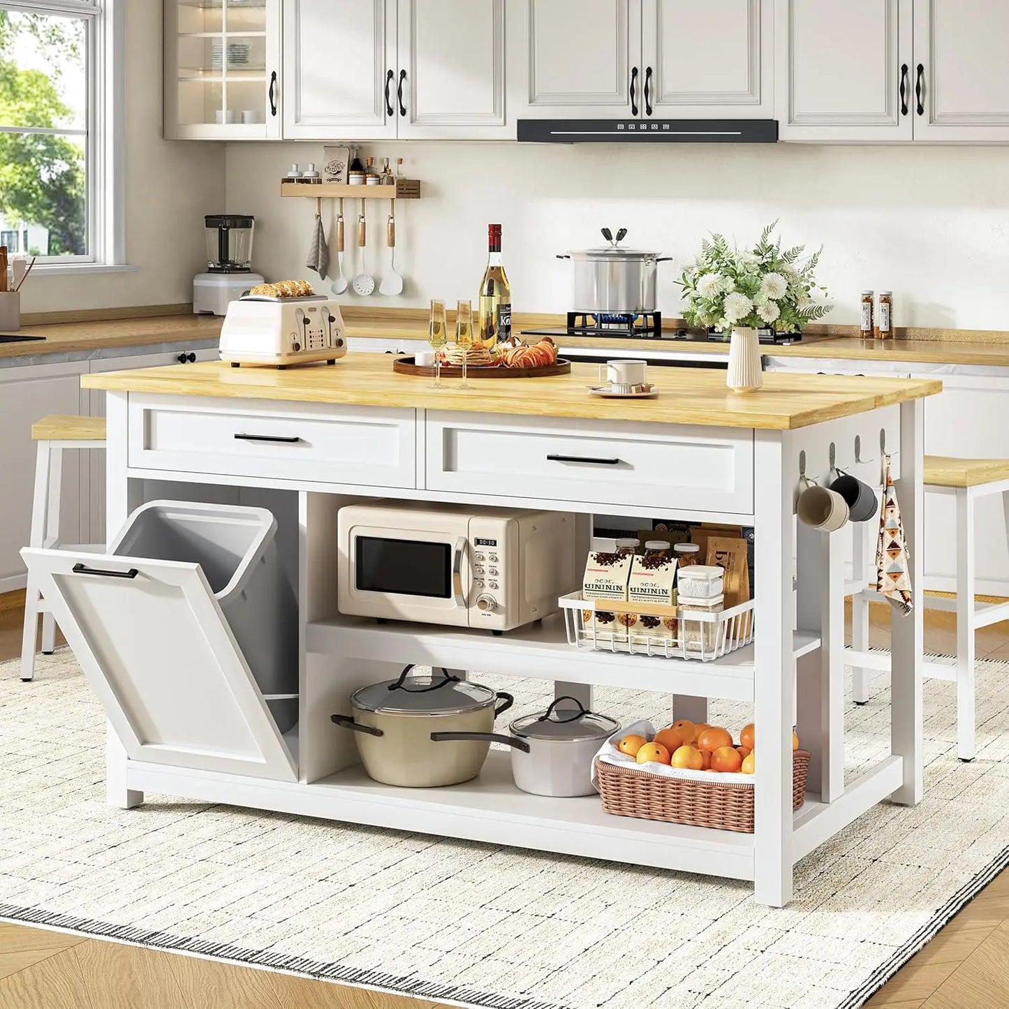 Kitchen Island With Storage And Two Bar Stools Rubberwood Top