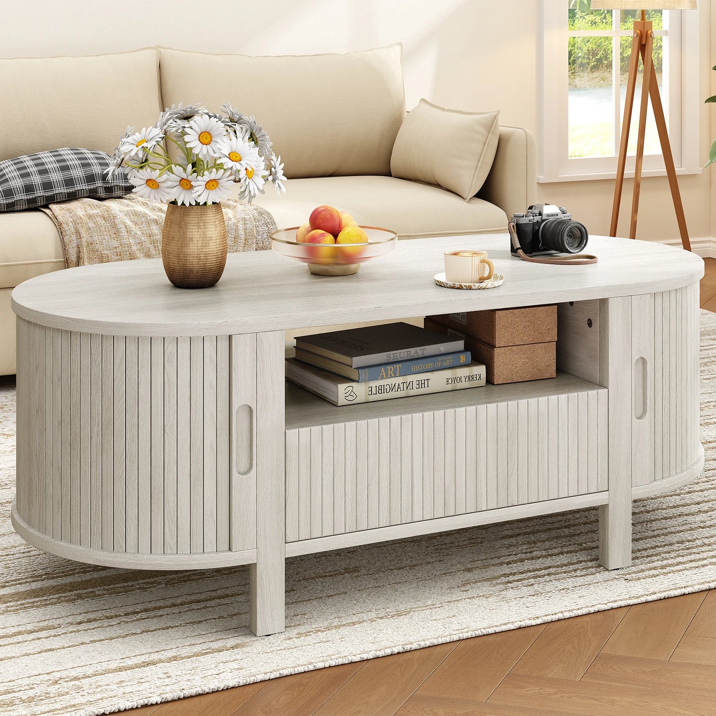 Oval Coffee Table With Storage Cabinets And Sliding Doors