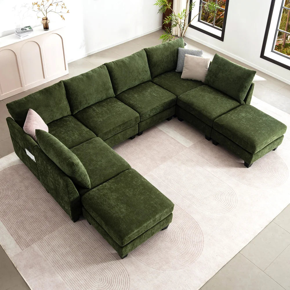 Modern U-Shaped Sectional Sofa With Ottomans, Fabric Living Room Set
