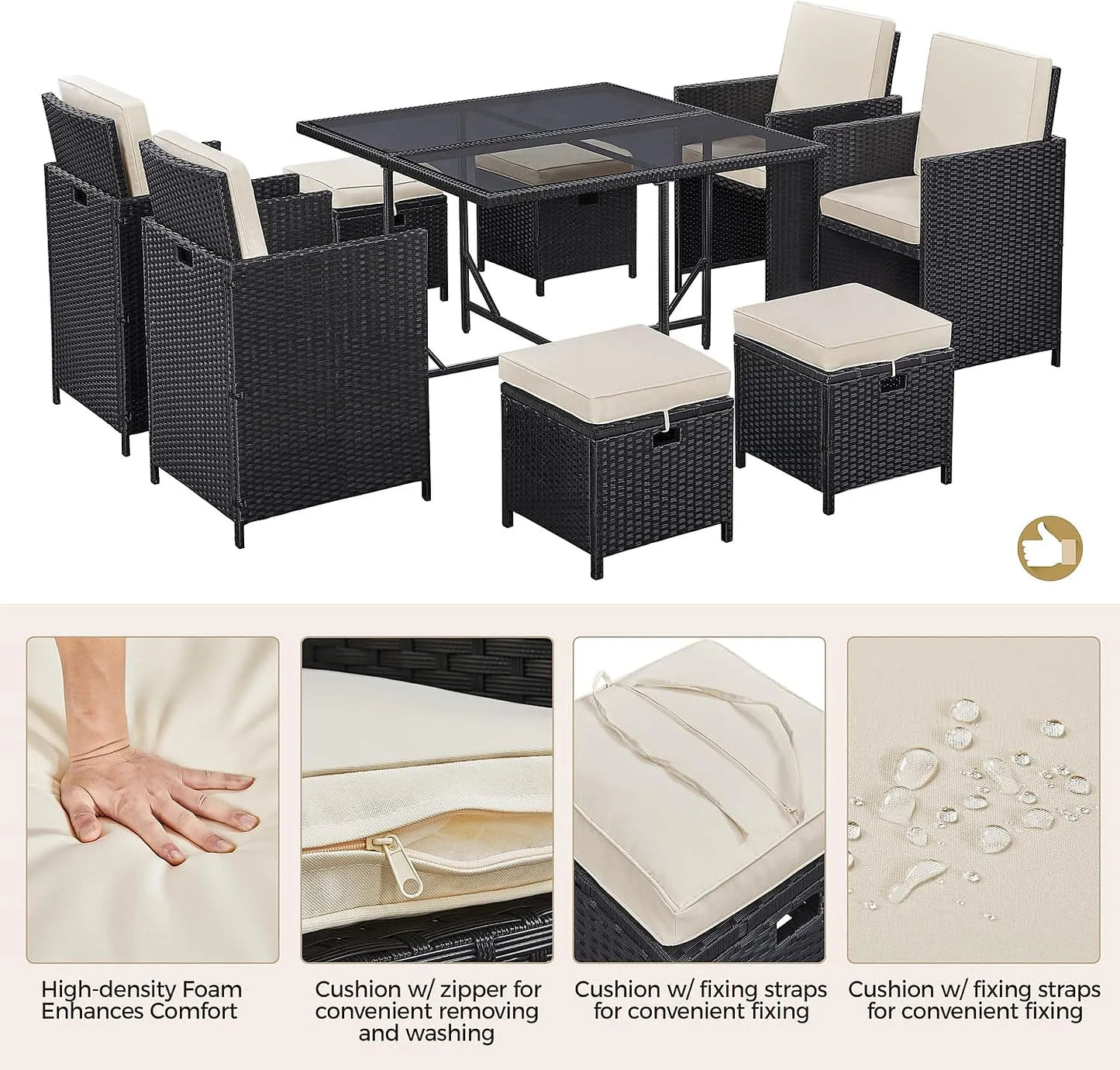 Outdoor Patio Dining Set With Rattan Chairs Glass Table And Removable Cushions