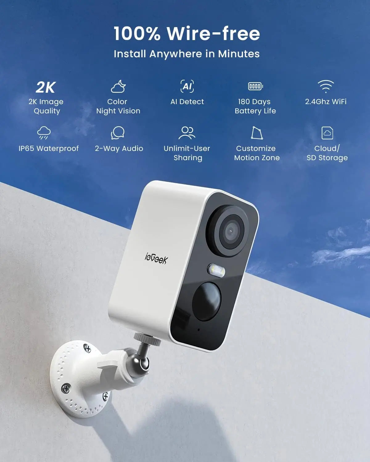 IEGEEK 2K Wireless Outdoor Security Camera With Night Vision WiFi