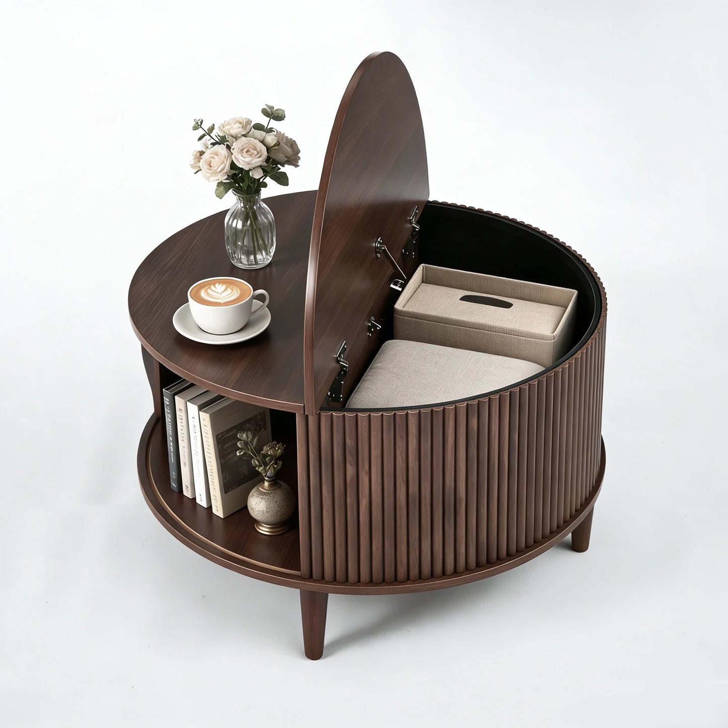 JHK Round Coffee Table With Flip Top Storage 2 Tier