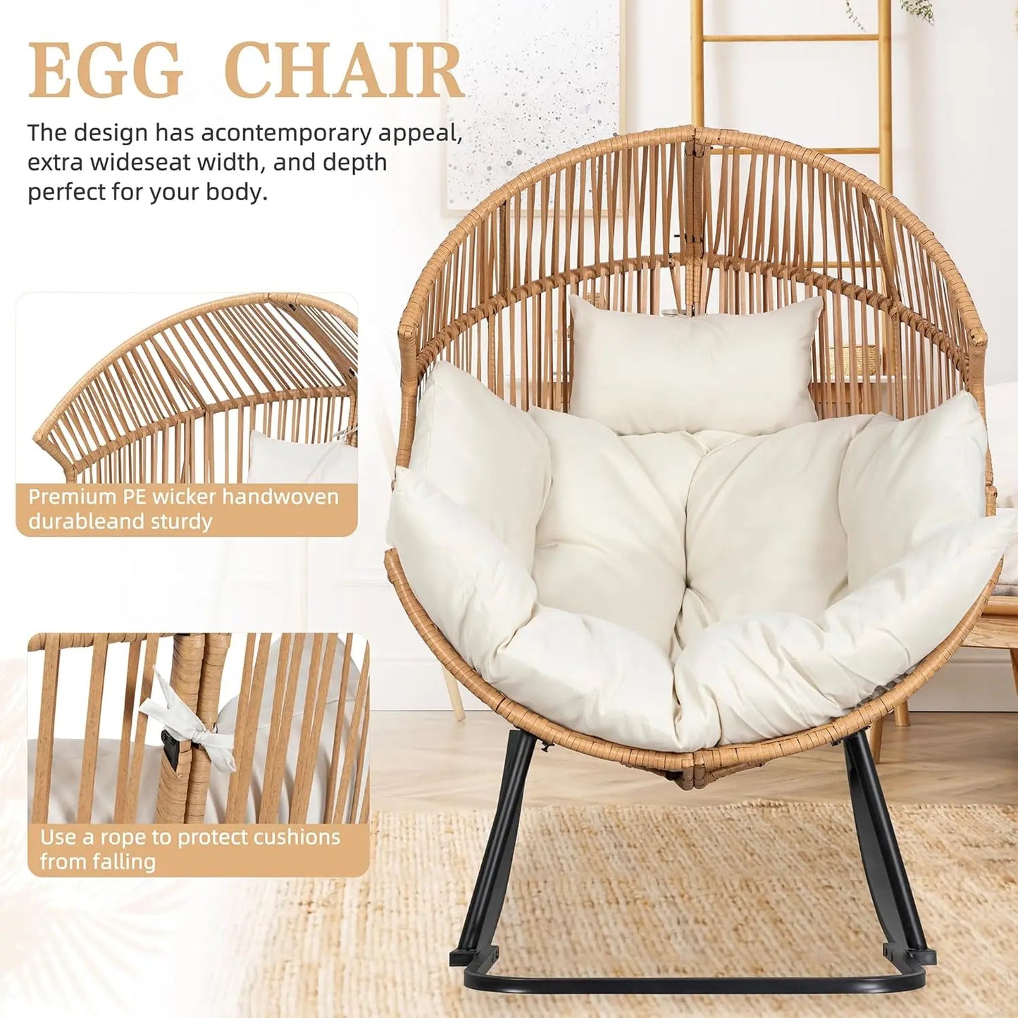 Wicker Rocking Egg Chair With Cushion For Indoor Outdoor Use