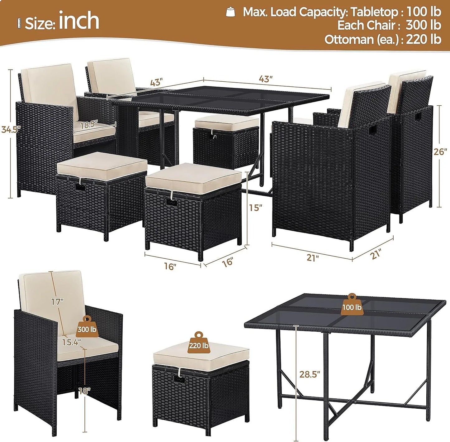 Outdoor Patio Dining Set With Rattan Chairs Glass Table And Removable Cushions