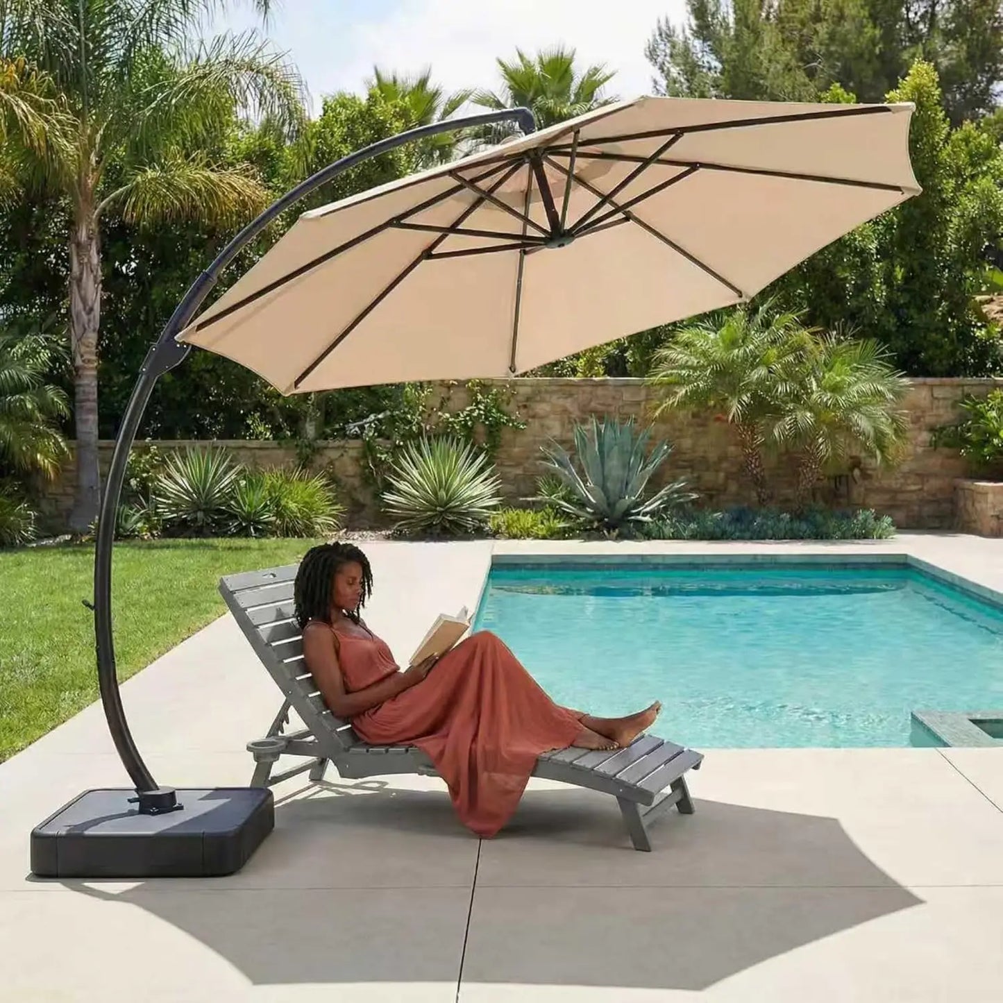 Aluminum Patio Umbrella With Base Cantilever Rotating 360 Degree