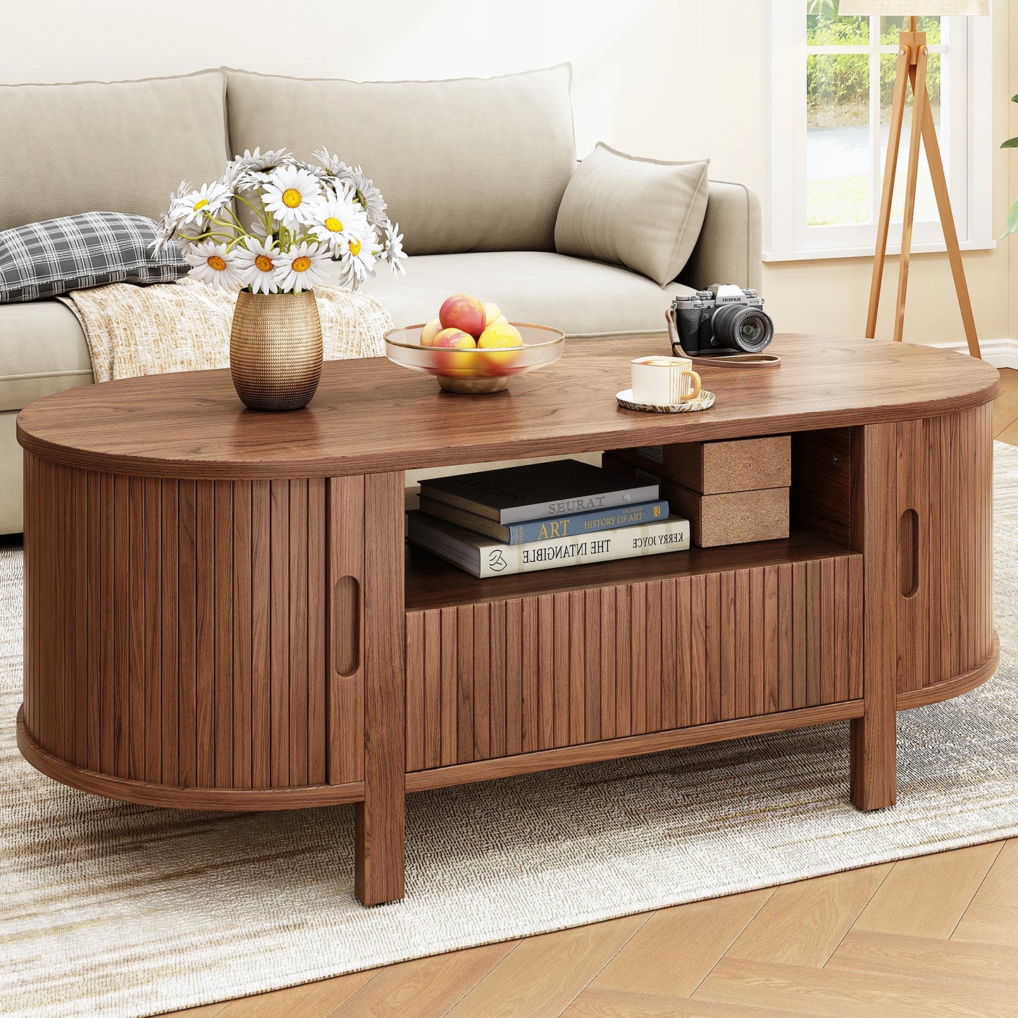 Oval Coffee Table With Storage Cabinets And Sliding Doors