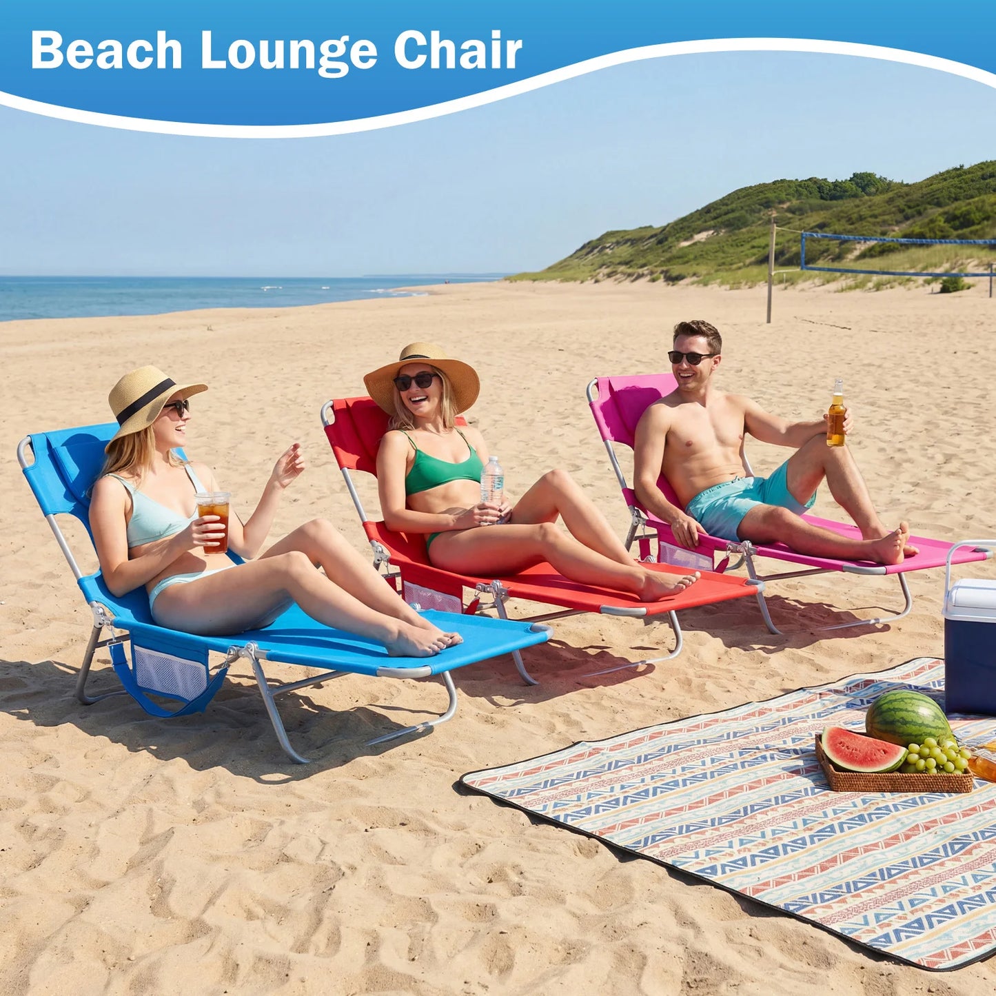 JHK 5-Position Adjustable Reclining Beach Lounge Chair With Arm Holes