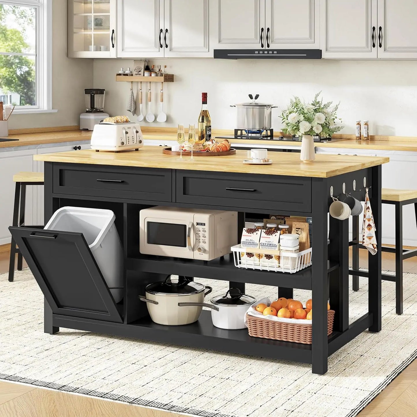 Kitchen Island With Storage And Two Bar Stools Rubberwood Top