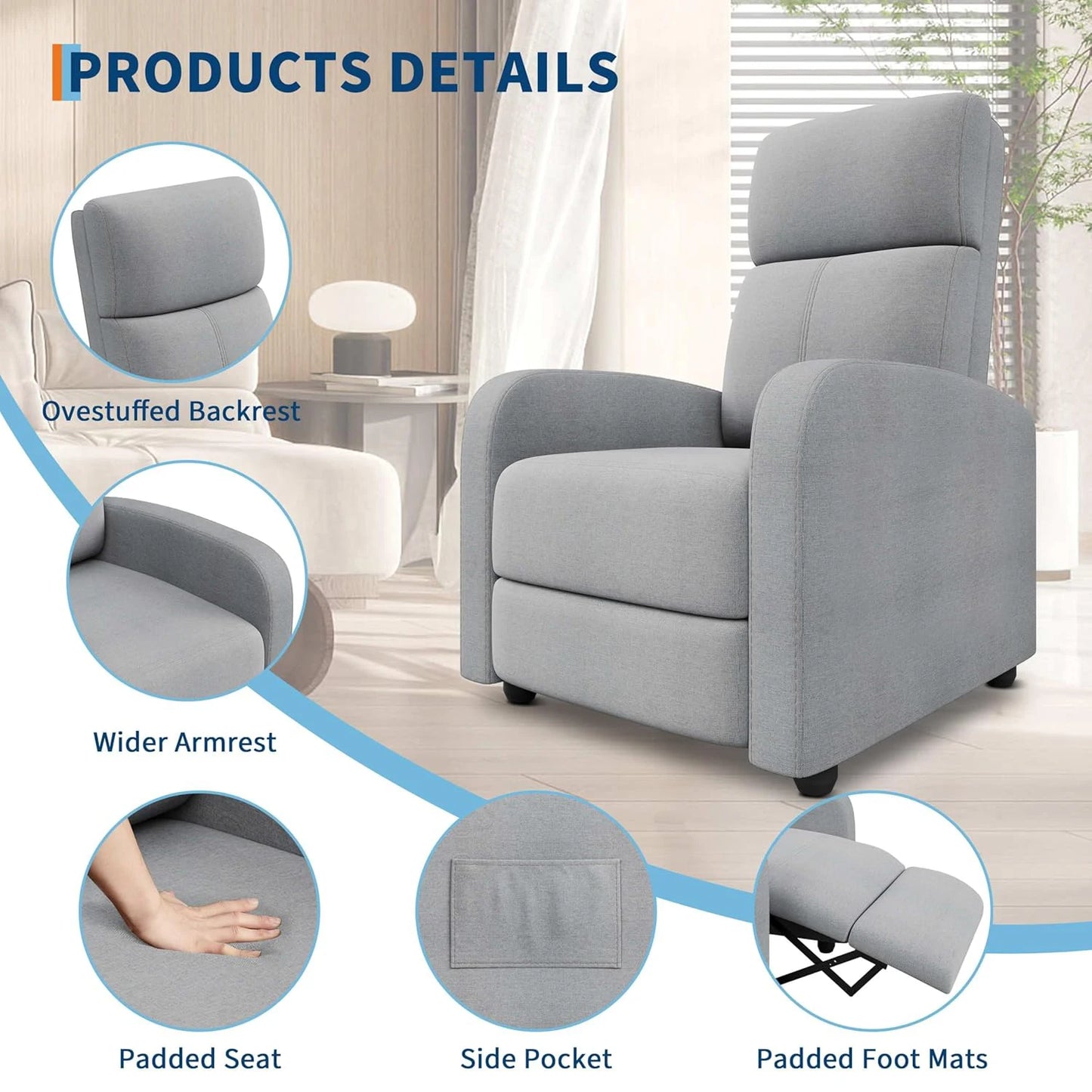 HiMISSCN Push Back Recliner Chair for Adults Ergonomic Comfort
