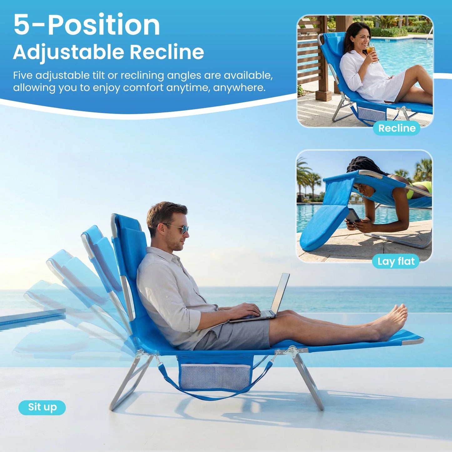 JHK 5-Position Adjustable Reclining Beach Lounge Chair With Arm Holes
