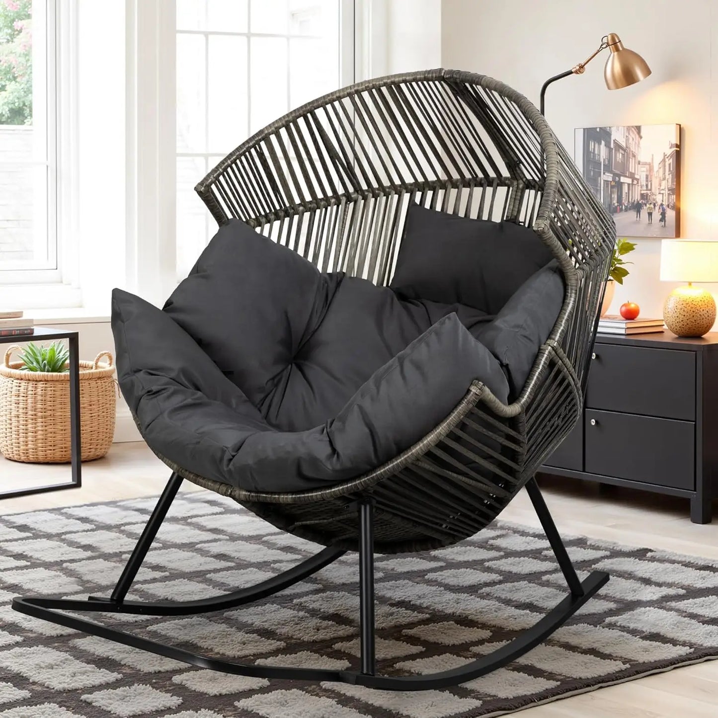 Wicker Rocking Egg Chair With Cushion For Indoor Outdoor Use