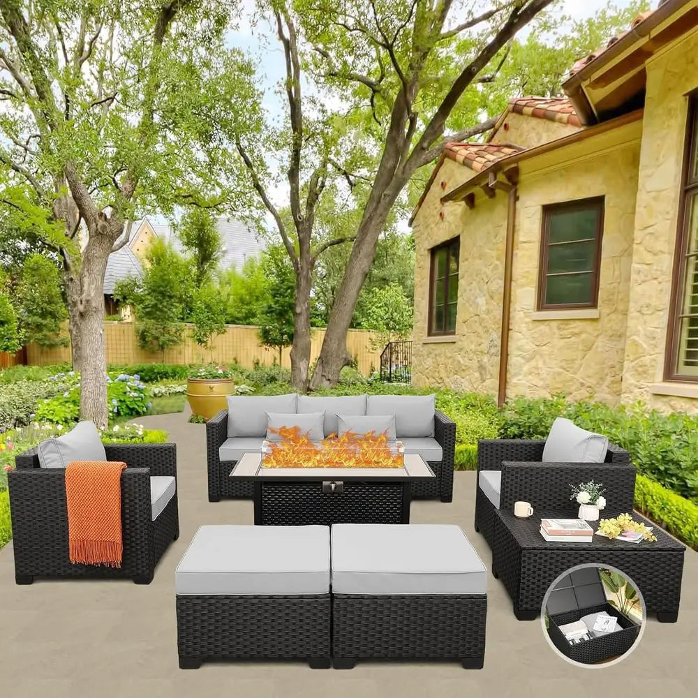 7-Piece Outdoor Patio Furniture Set With Propane Fire Pit Table