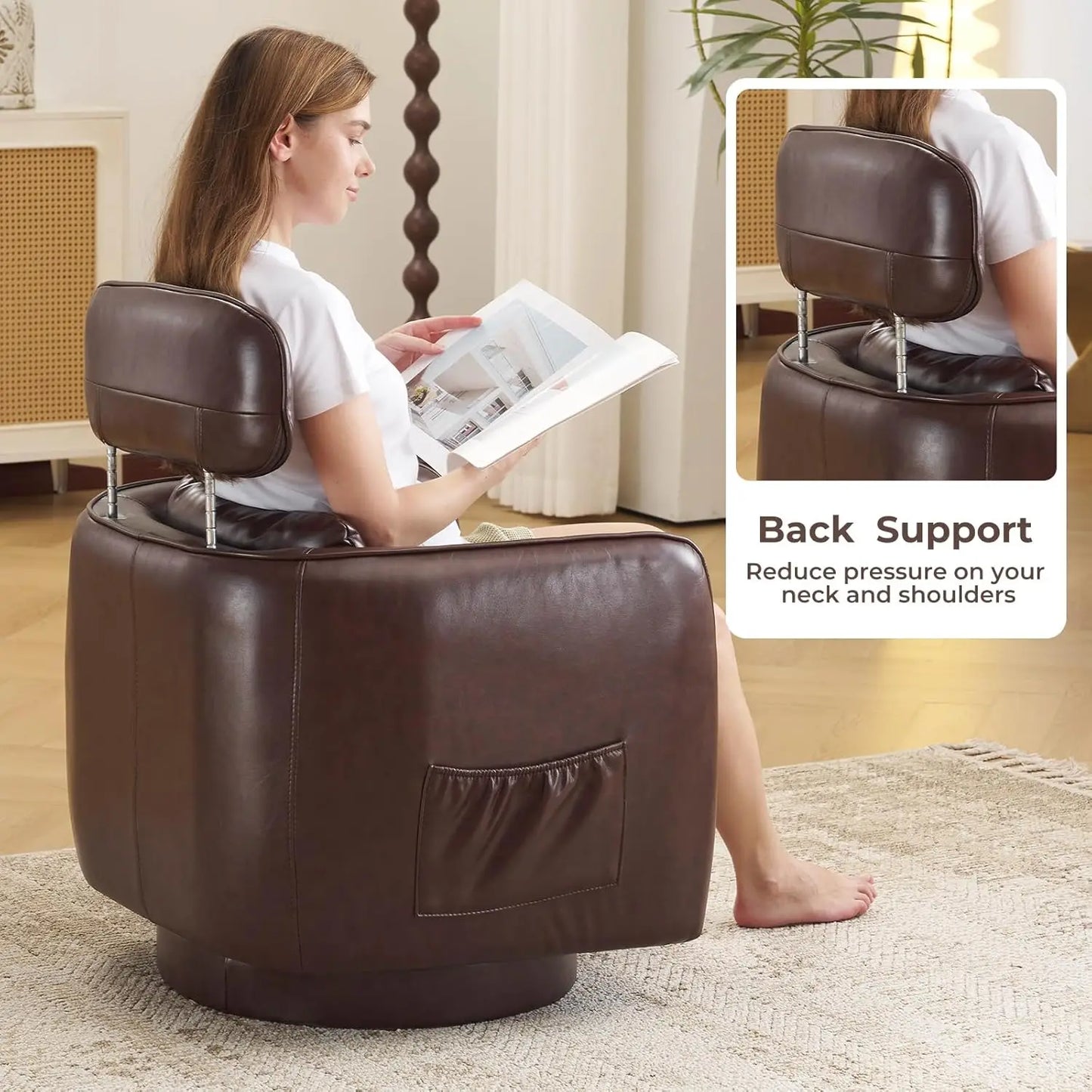 XIAOLANG Swivel Leather Barrel Chair For Living Room Modern Upholstered