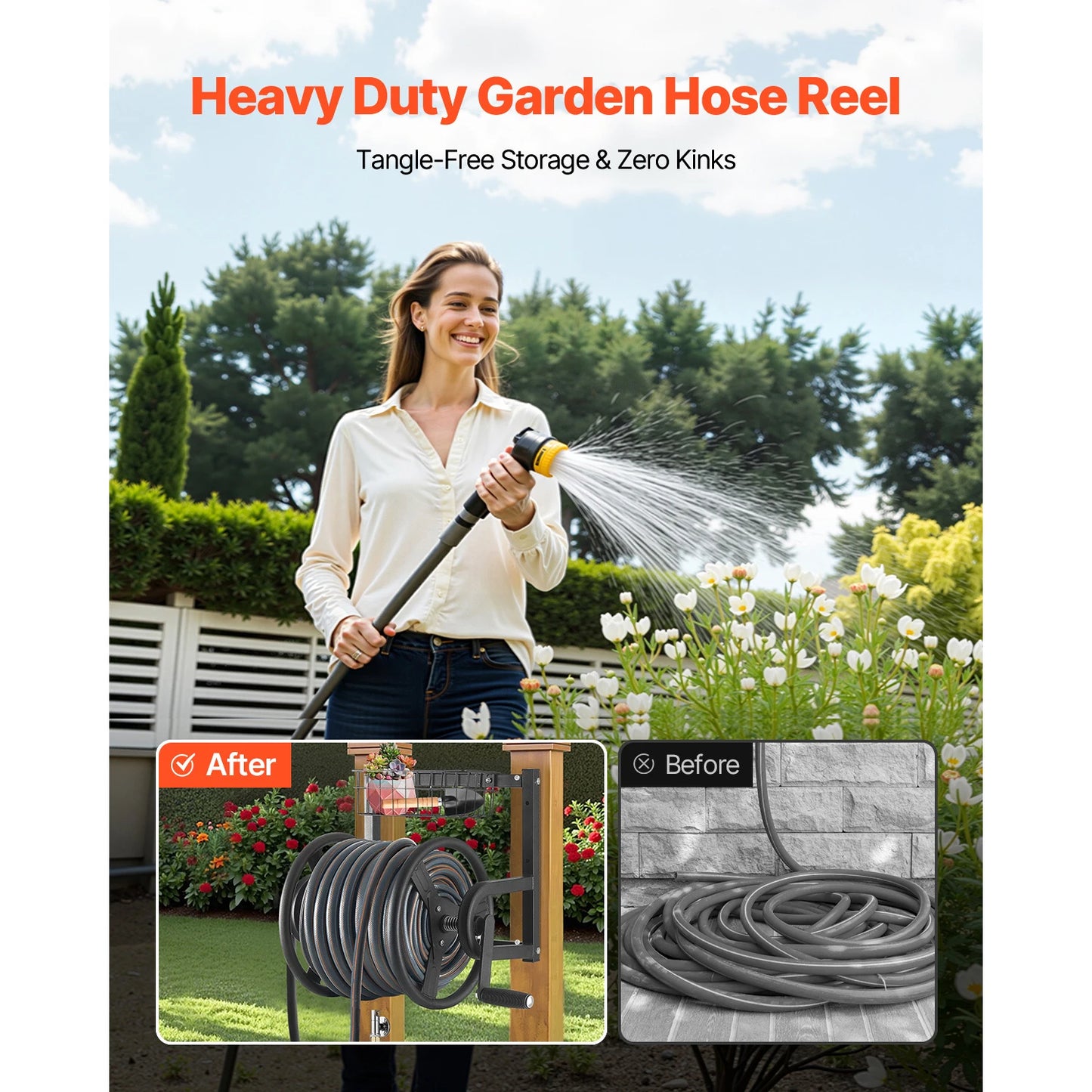 SucceBuy Wall Mounted Garden Hose Reel With Brass Fittings And Basket