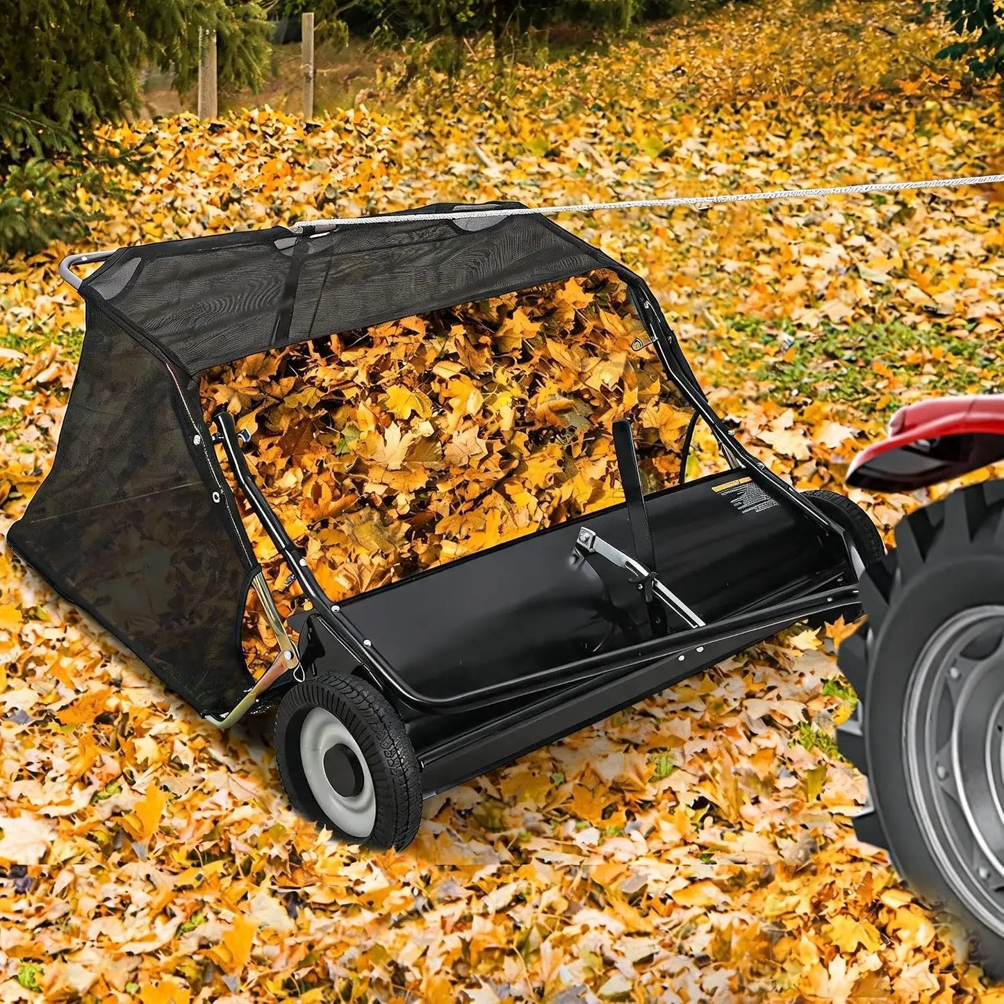 HiMISS Tow Behind Lawn Sweeper With Hopper And Adjustable Height