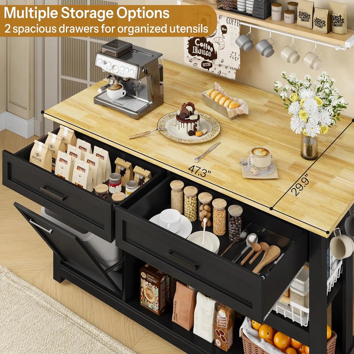 Kitchen Island With Storage And Two Bar Stools Rubberwood Top