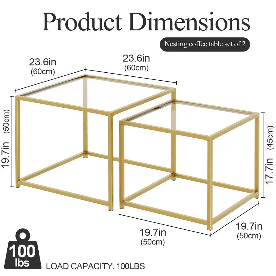 Glass Nesting Coffee Tables Set of 2 With Metal Frame