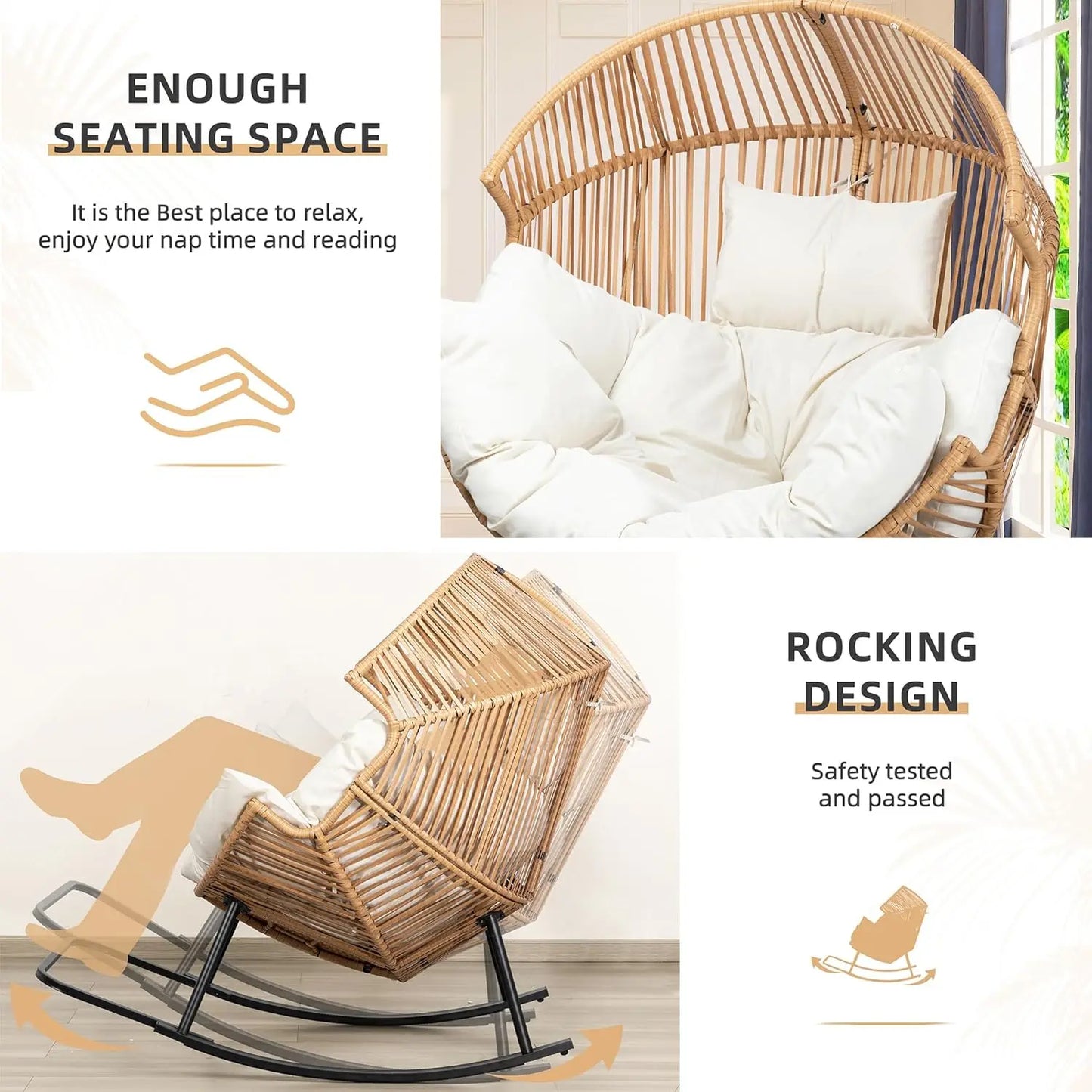 Wicker Rocking Egg Chair With Cushion For Indoor Outdoor Use