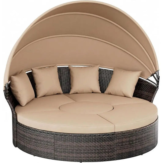 Outdoor Patio Daybed Set With Retractable Canopy Wicker Rattan Furniture