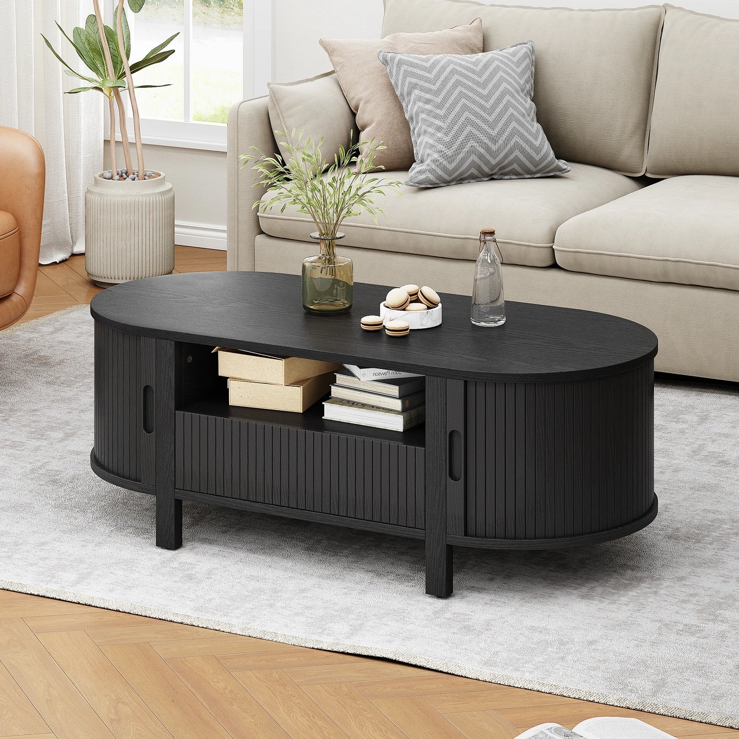 Oval Coffee Table With Storage Cabinets And Sliding Doors