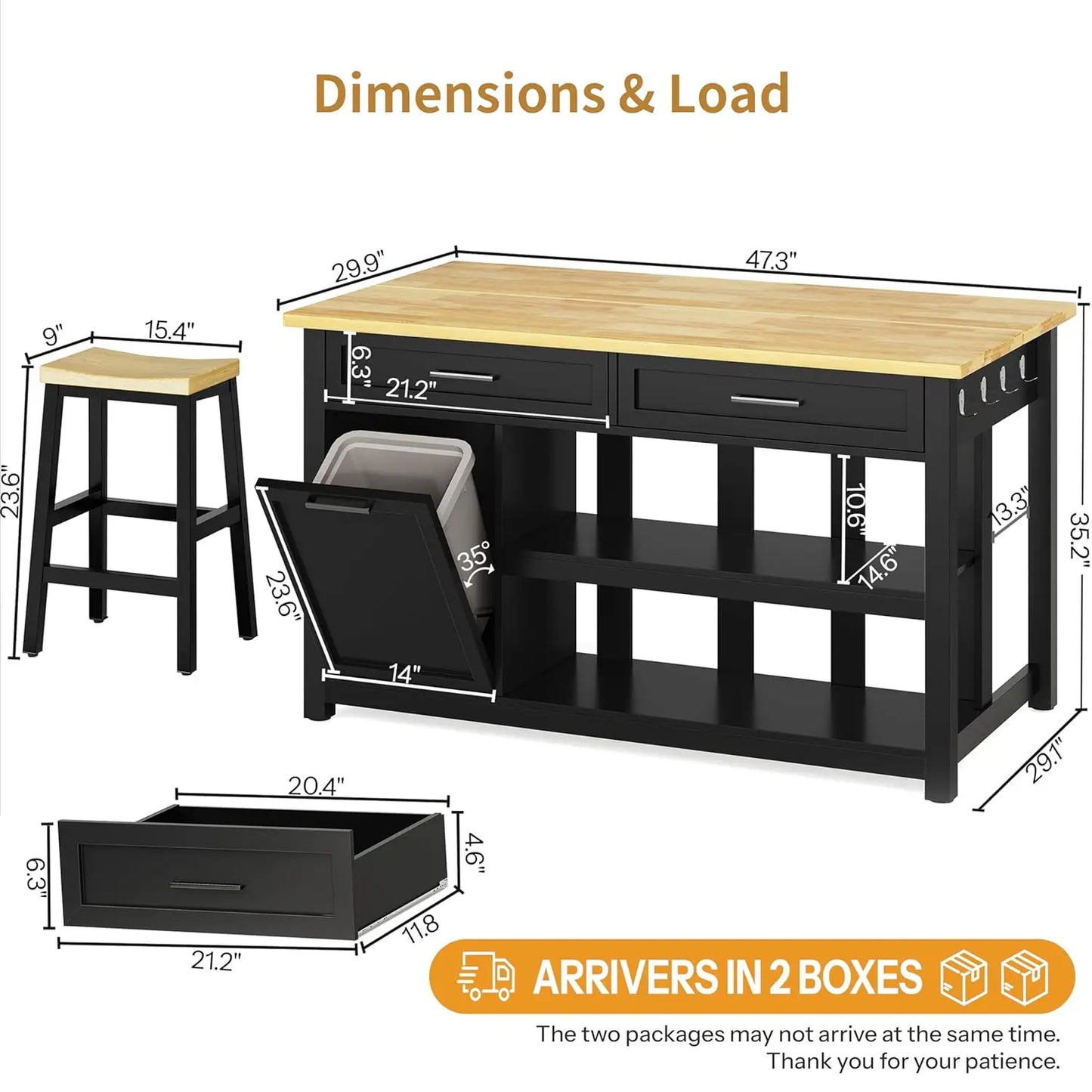 Kitchen Island With Storage And Two Bar Stools Rubberwood Top