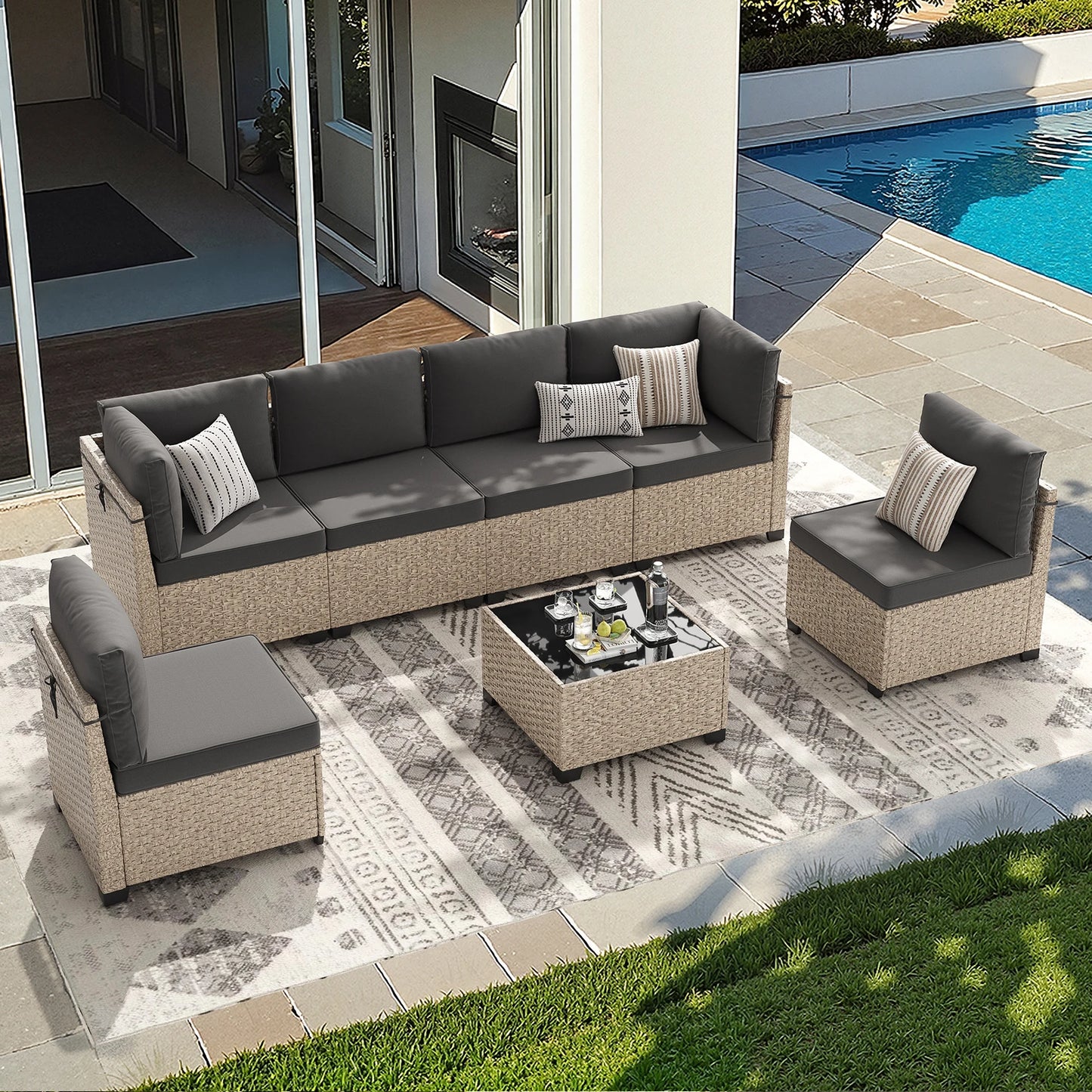 Outdoor Rattan 7 Piece Patio Furniture Set With Tempered Glass Table All Weather