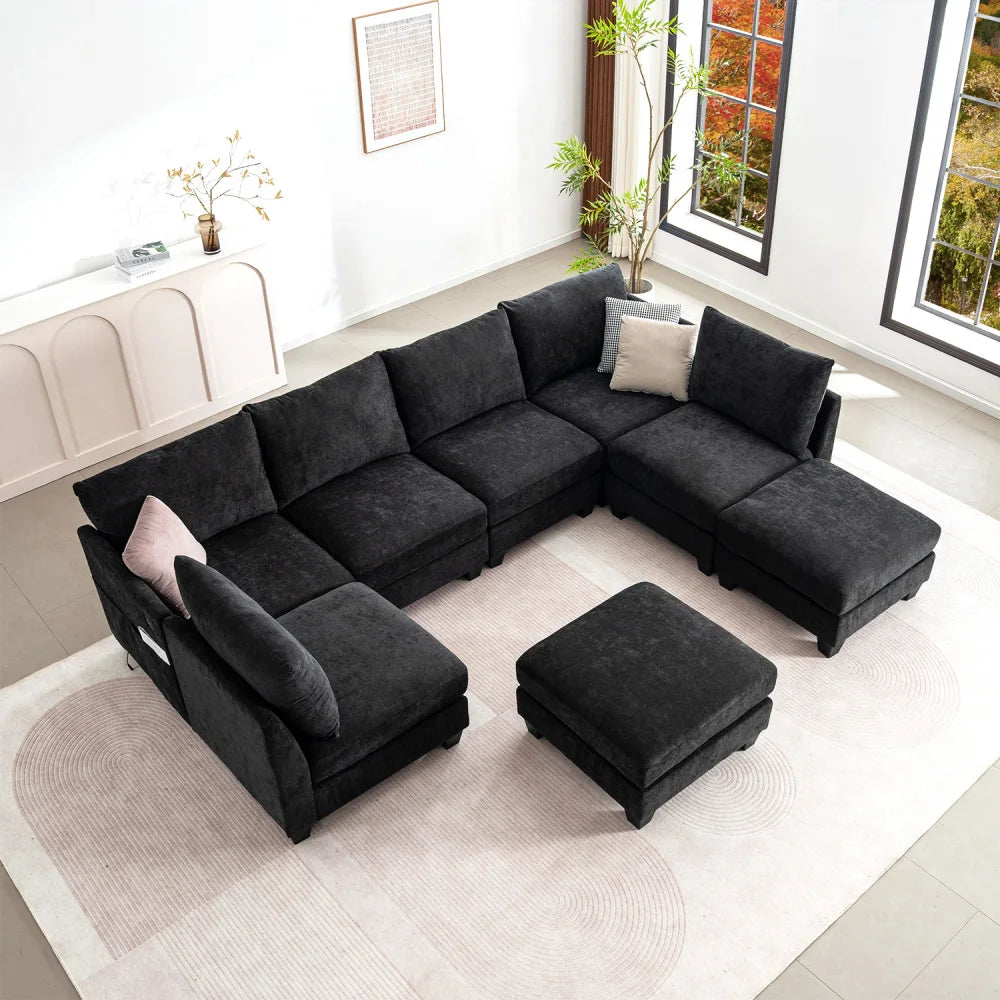 Modern U-Shaped Sectional Sofa With Ottomans, Fabric Living Room Set