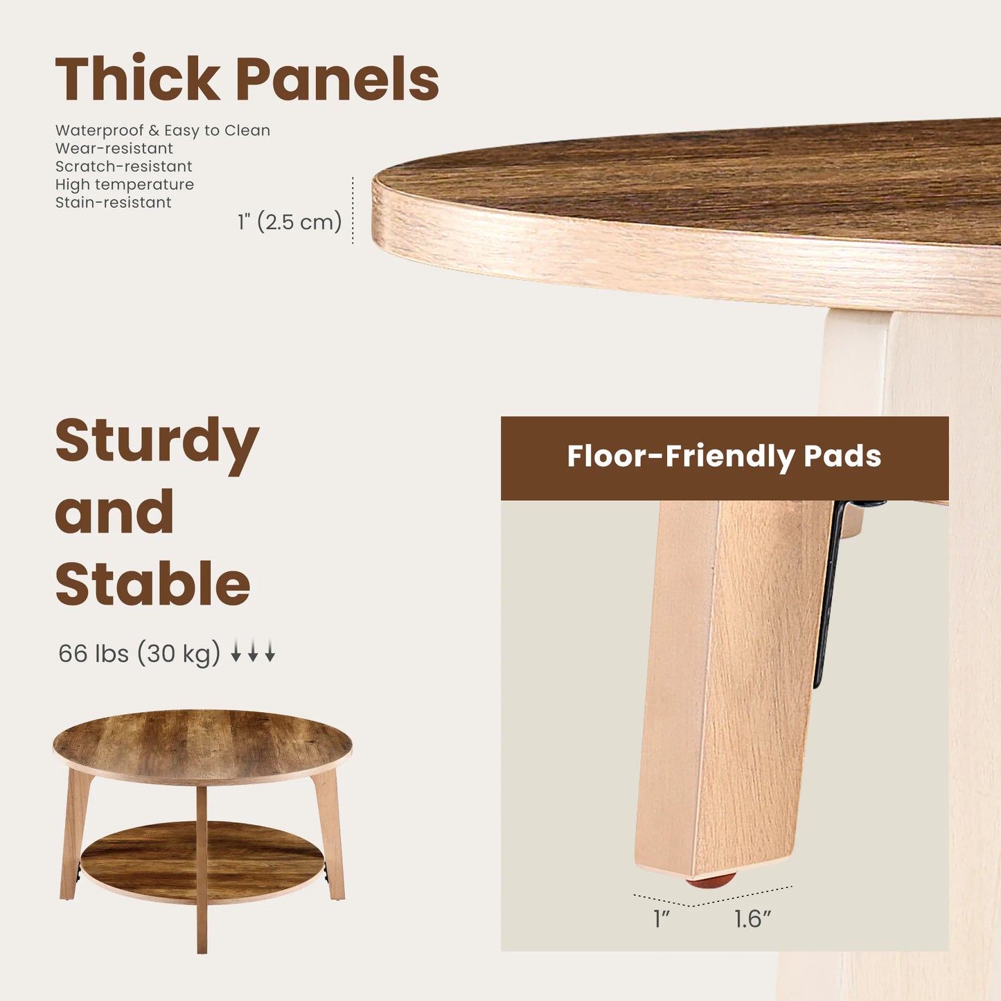 JHK Wood Round Coffee Table With Storage And SlipResistant Feet
