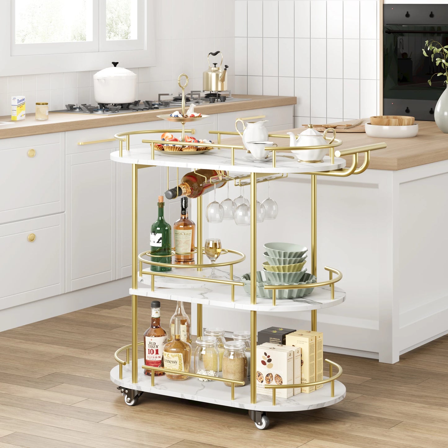 TWISTER.CK Gold Bar Cart With 4 Tier Wine Rack Wheeled