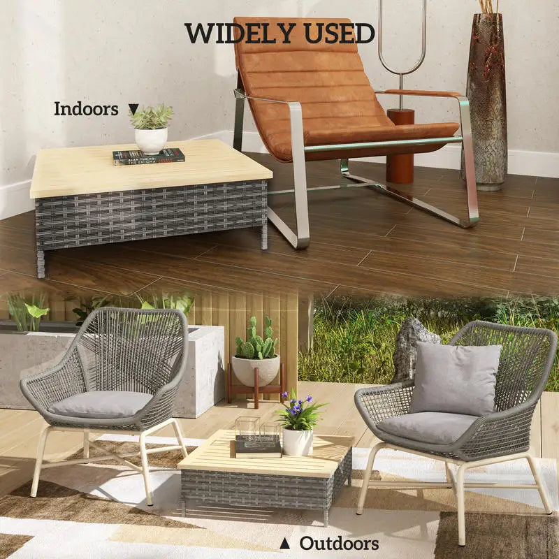 Outdoor Side Table With PE Rattan And Fir Wood Top