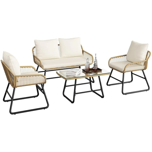 Wicker Patio Set With Cushioned Loveseat And Armchairs Glass Table