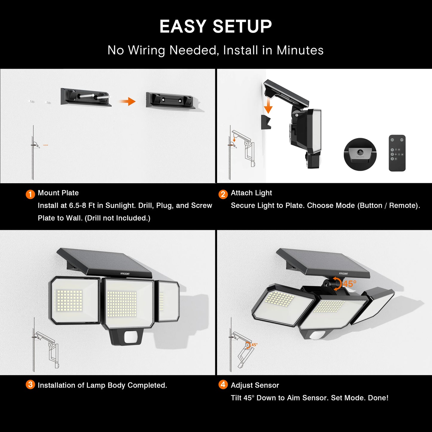 Solar Security Light Three Head Motion Sensor 270° Illumination 3000LM