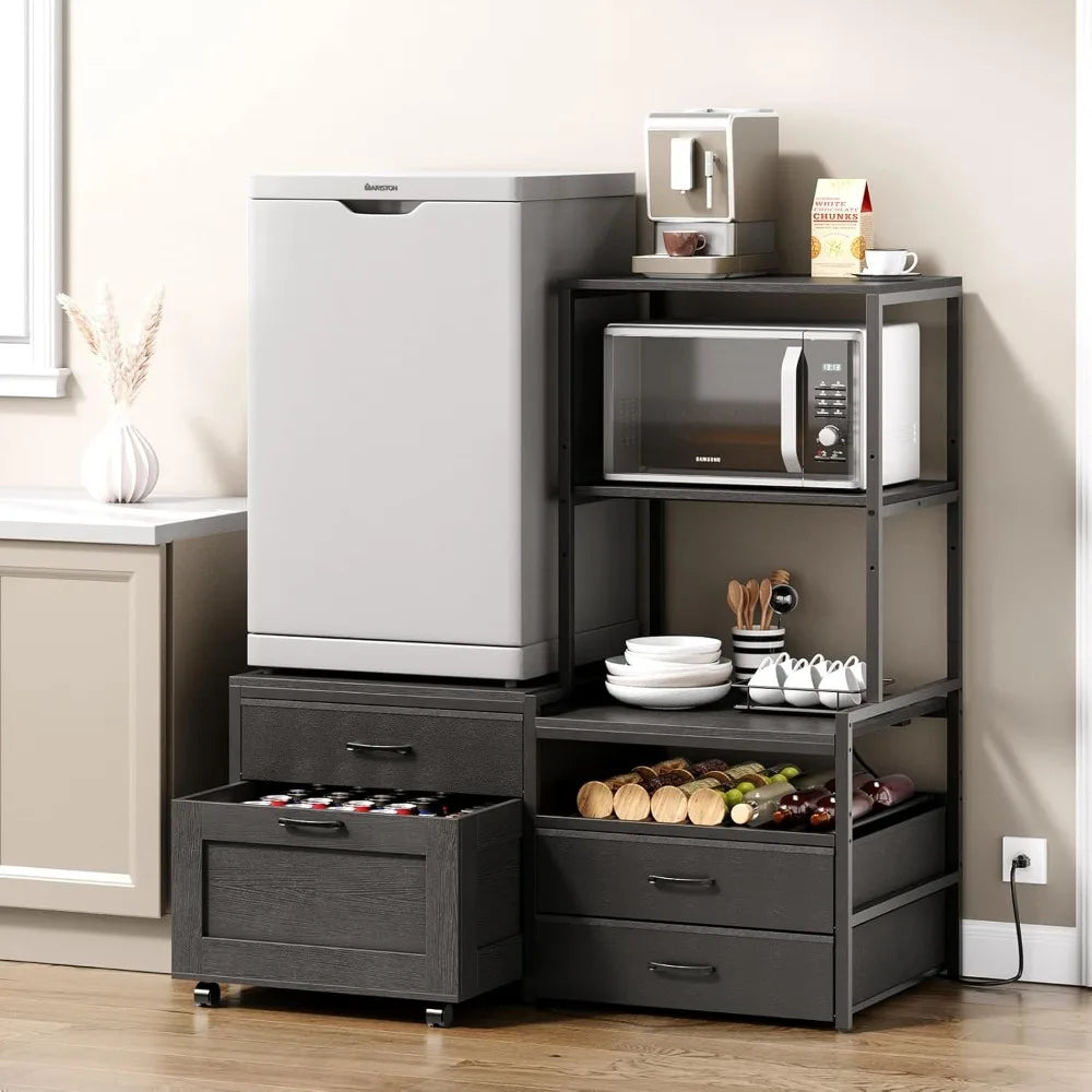 Mini Fridge Stand With Wine Rack And Power Outlet Movable
