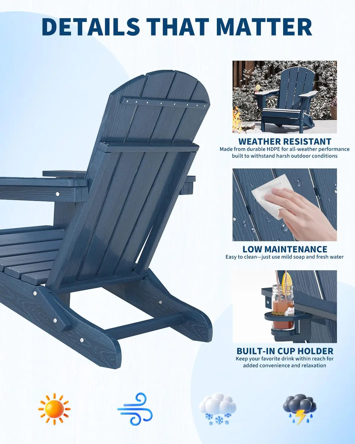 Folding Adirondack Chair All Weather HDPE Outdoor With Cup Holder