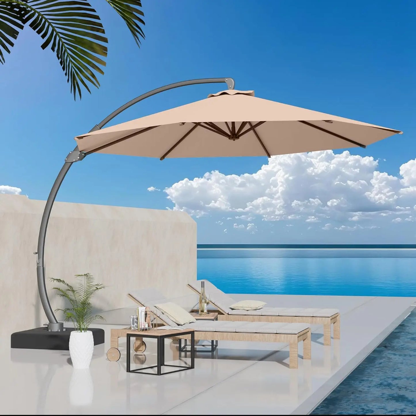 Aluminum Patio Umbrella With Base Cantilever Rotating 360 Degree