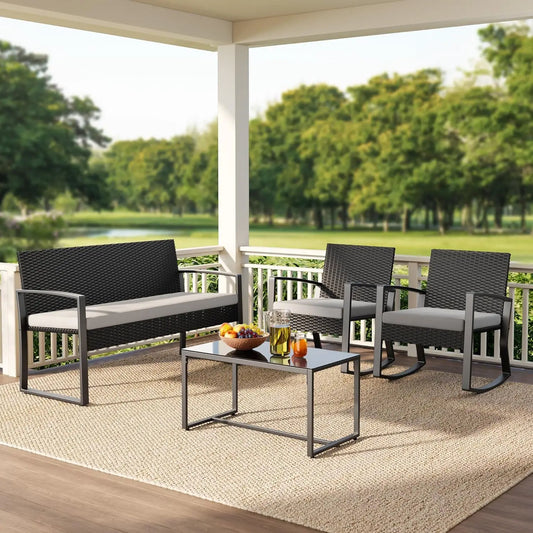 Guangbai Outdoor 4 Piece Wicker Patio Set With Glass Table