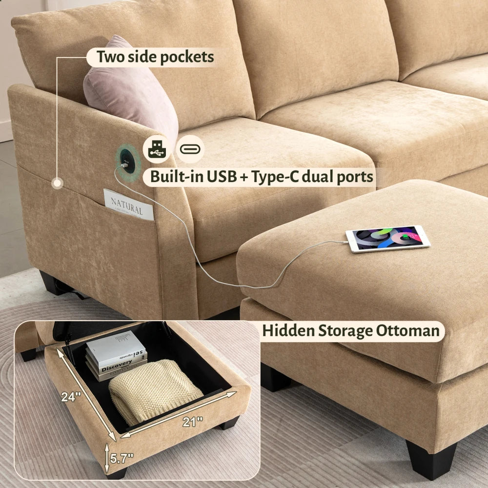 Modern U-Shaped Sectional Sofa With Ottomans, Fabric Living Room Set