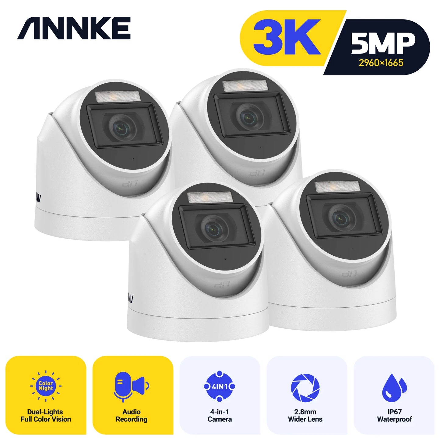 ANNKE 4PCS 5MP TVI CCTV Kit With White Visual Light Alarm Outdoor Weatherproof