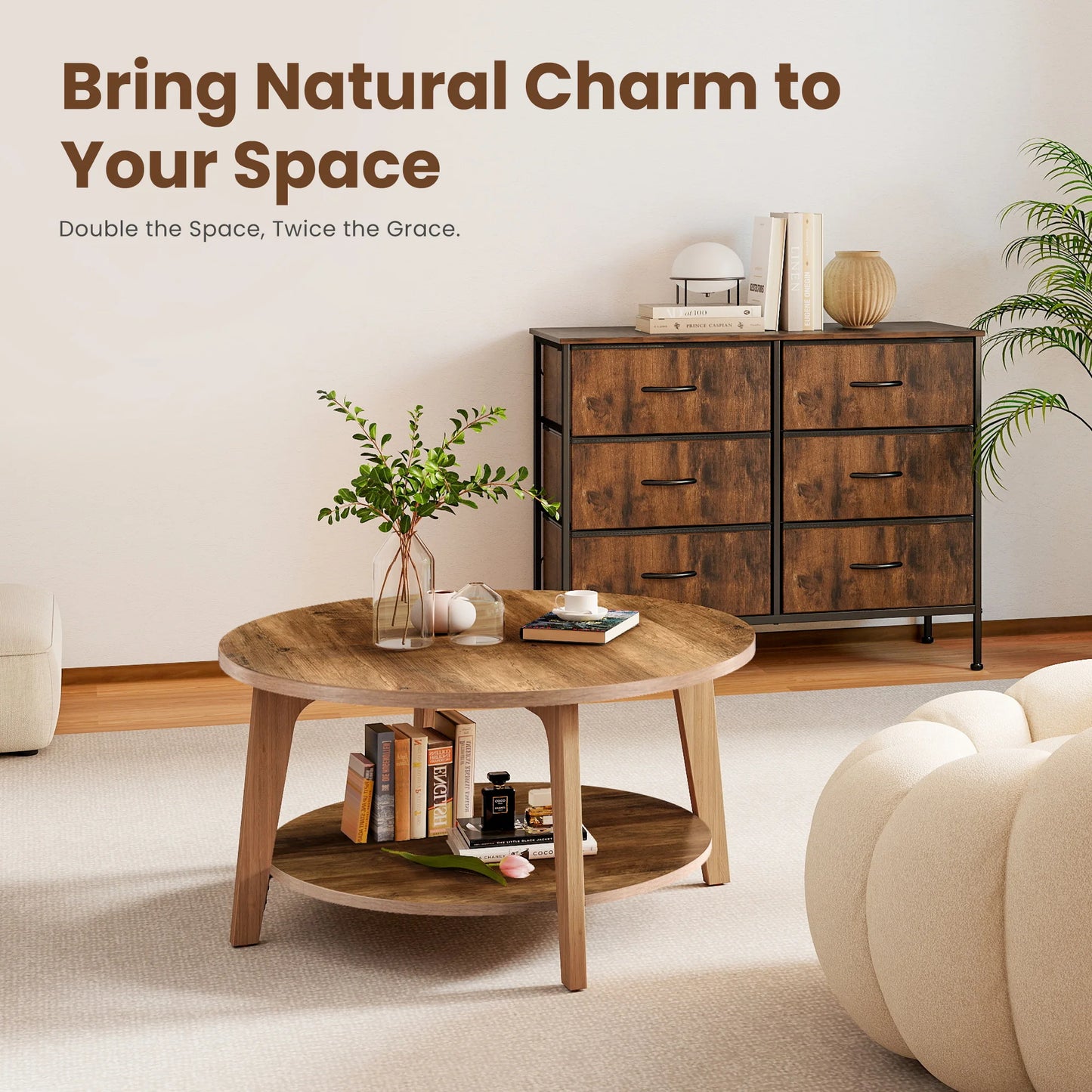 JHK Wood Round Coffee Table With Storage And SlipResistant Feet
