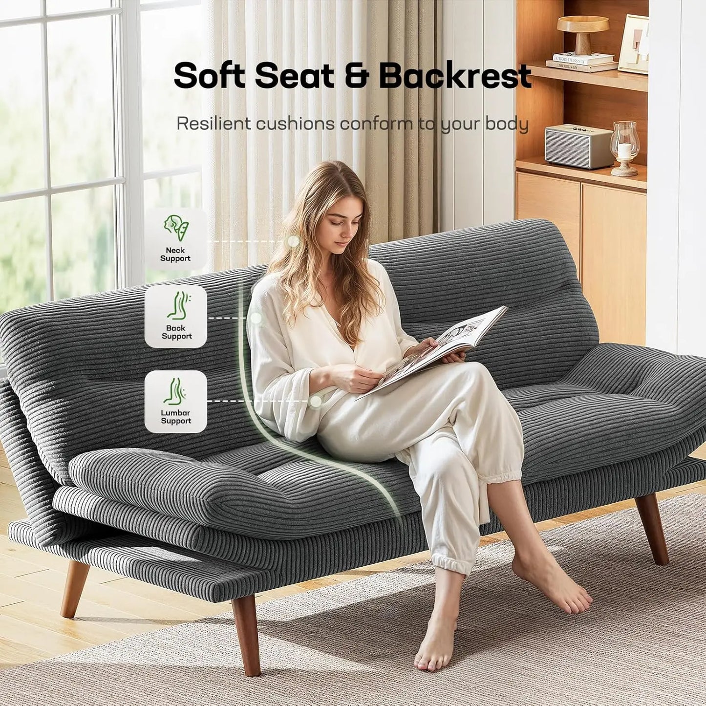 Convertible Futon Sofa Bed With Adjustable Backrest Corduroy Armrests