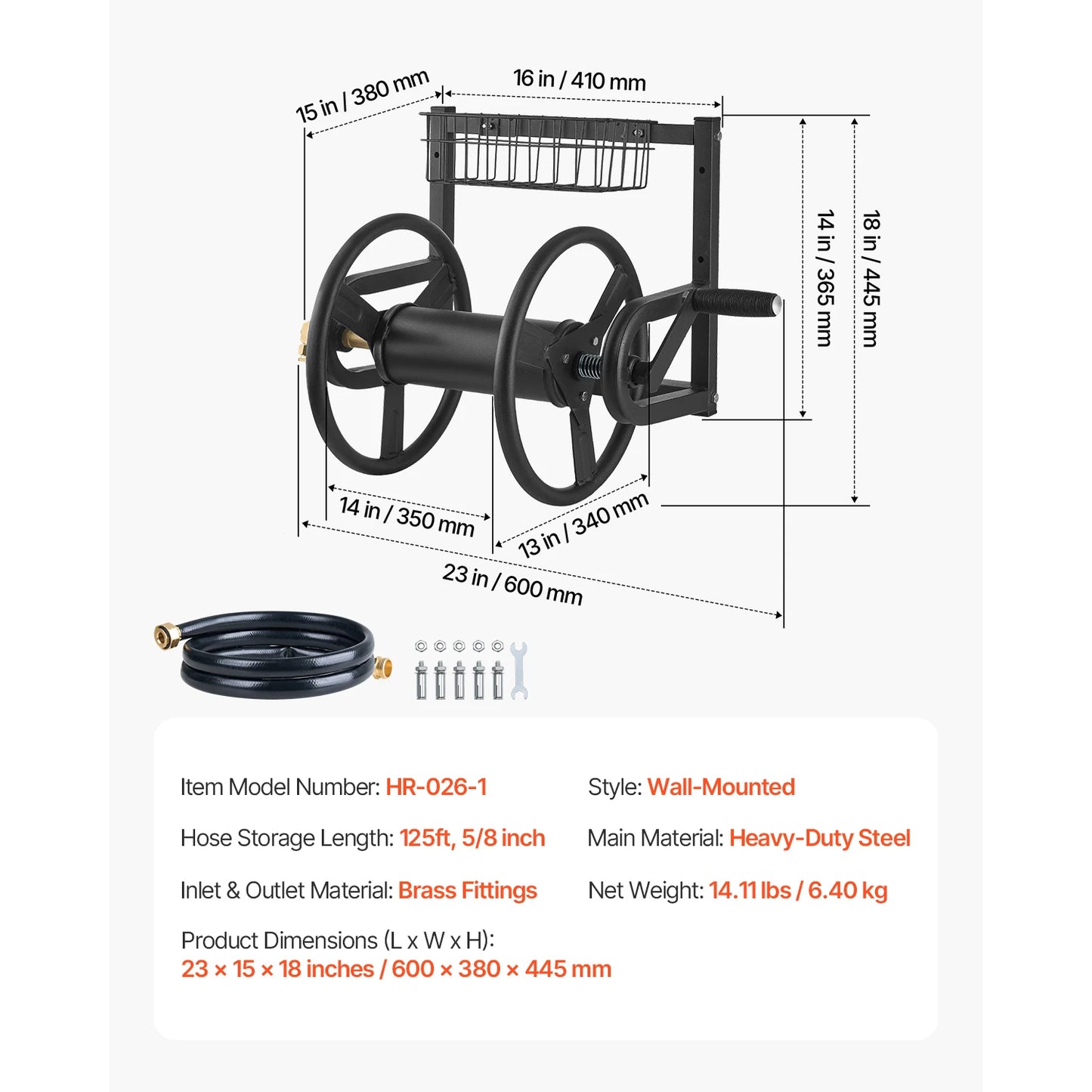 SucceBuy Wall Mounted Garden Hose Reel With Brass Fittings And Basket