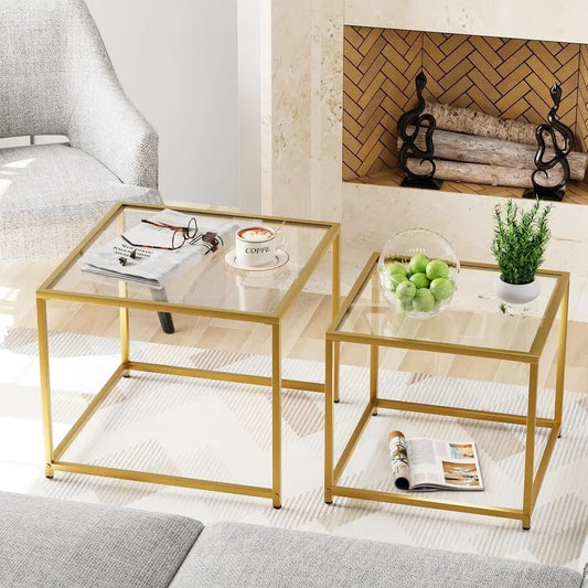 Glass Nesting Coffee Tables Set of 2 With Metal Frame