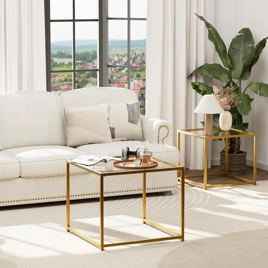 Glass Nesting Coffee Tables Set of 2 With Metal Frame