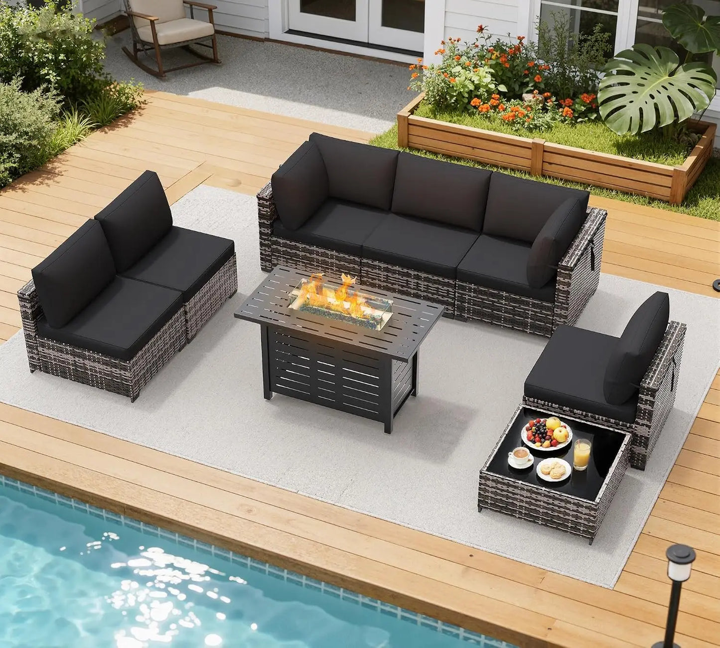 Outdoor Wicker Rattan Patio Furniture Set With Firepit Table