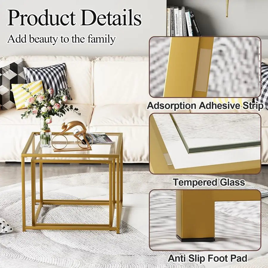 Glass Nesting Coffee Tables Set of 2 With Metal Frame
