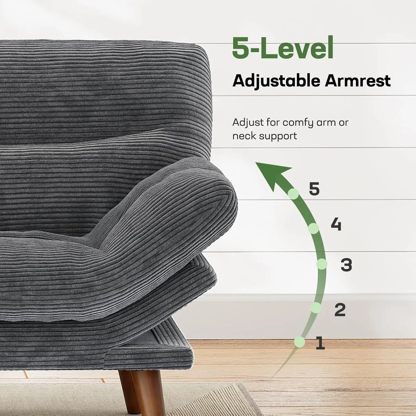 Convertible Futon Sofa Bed With Adjustable Backrest Corduroy Armrests