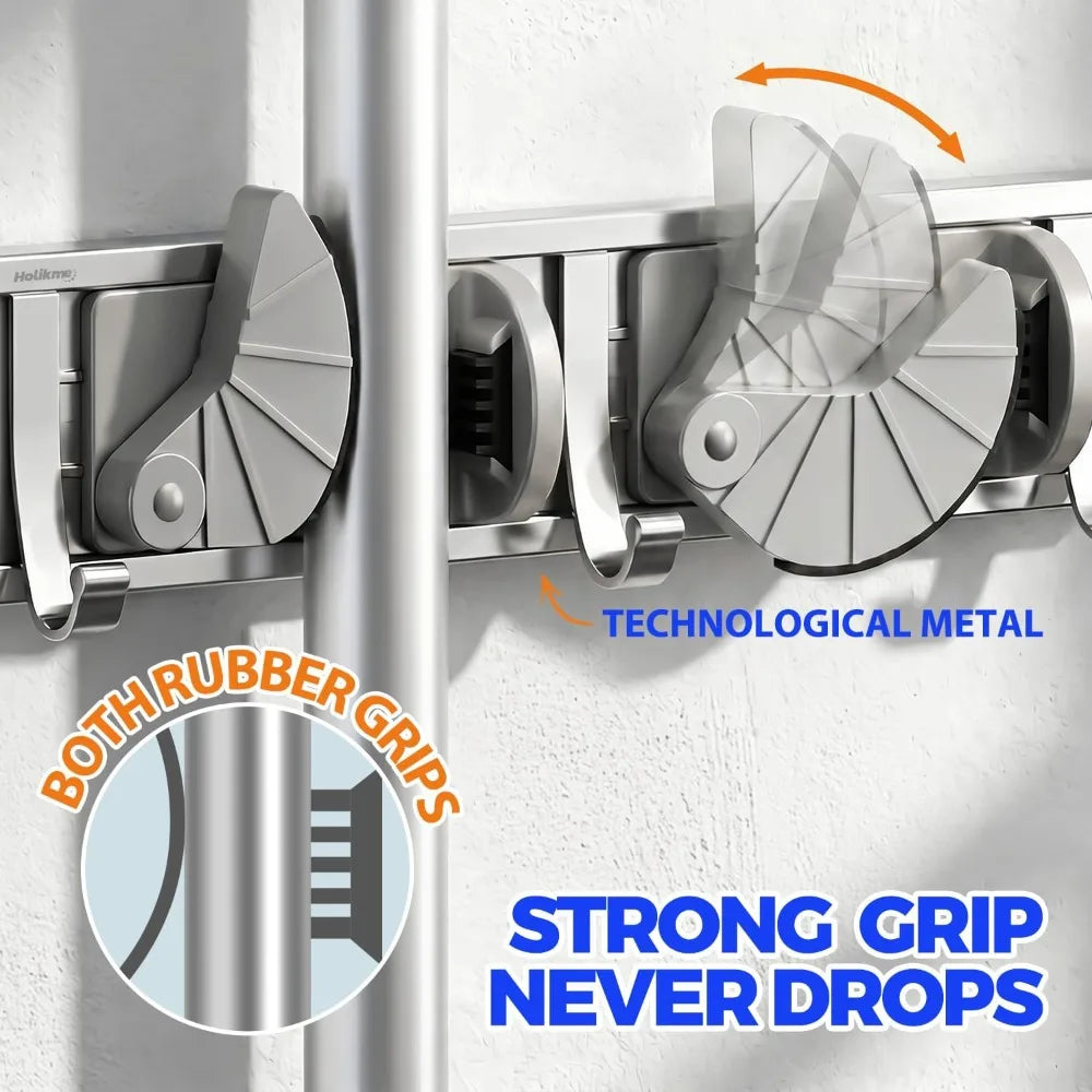 Wall Mounted Mop Broom Holder With Hooks Metal Tool Organizer